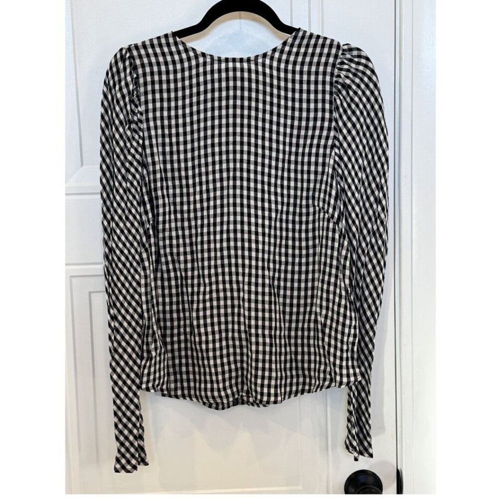 H&M Black & White Gingham Check Long-Sleeve Blouse Medium EUC Puff Sleeves